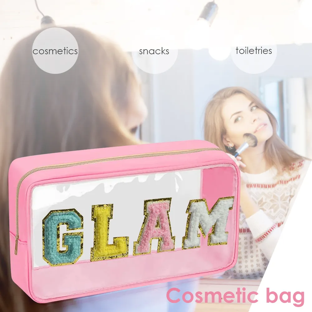 Mode Kosmetiktasche Große Kapazität Casual Organizer Clutch Taschen Transparent Bestickte Buchstaben Patches Tragbar Für_voghion.com