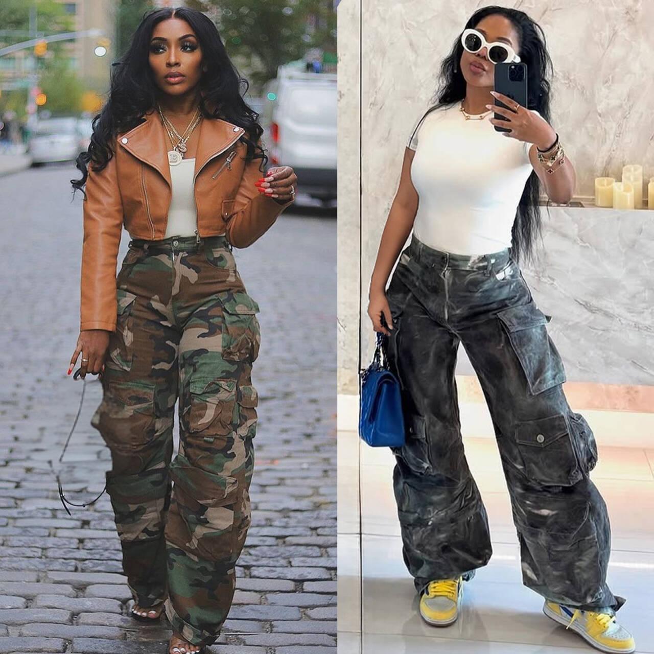 Distressed Camo Cargo Pants For Women | Oversized Streetwear Jeans With Multi-Pockets | Washed-Out Military Style (Camo/Grey, S-XXL)​