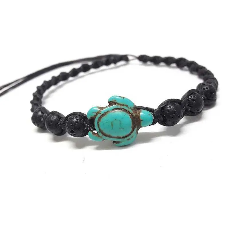 Fußkettchen Leder oder in türkis Lava Perle Schildkröte verstellbar Seil Fußkettchen Armband BohoL2403_voghion.com