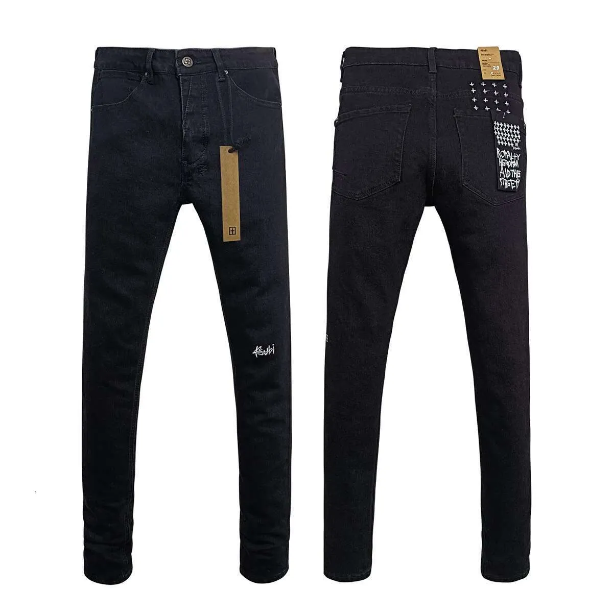 KSUBI Cross Men Fashion American High Street Black Casual Letter Embroidery Pants Stretch Skinny Ripped Frayed Jeans_voghion.com