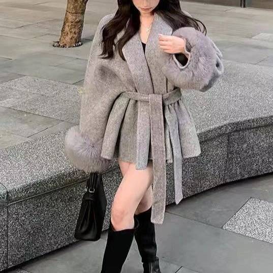 ​​"Tie-Waist Bouclé Blazer With Faux Fur Sleeves - Oversized V-Neck Coat (Beige/Gray/Black, S-XL)"​​_voghion.com