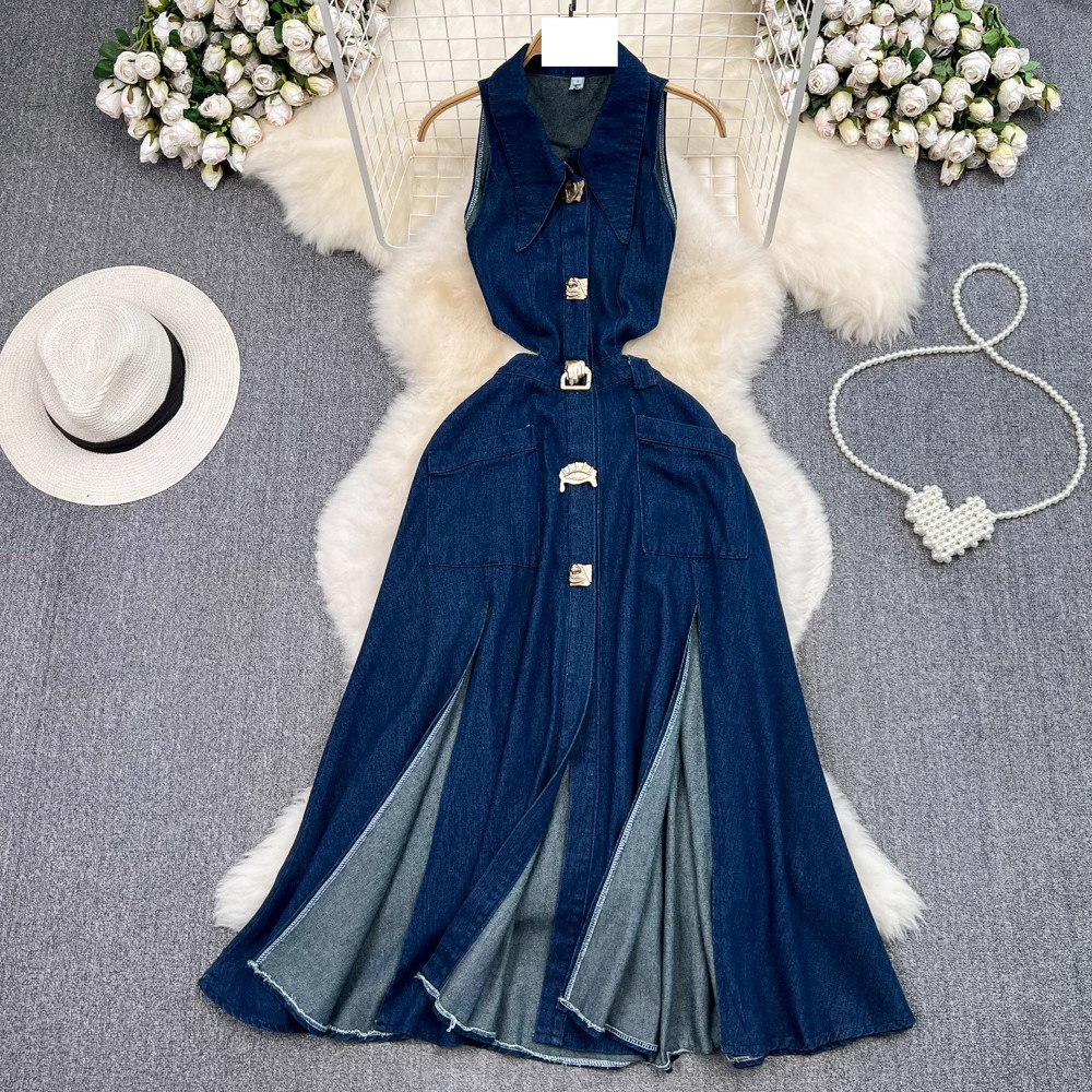 Women's fashion single-breasted A-line split denim dress casual long skirt