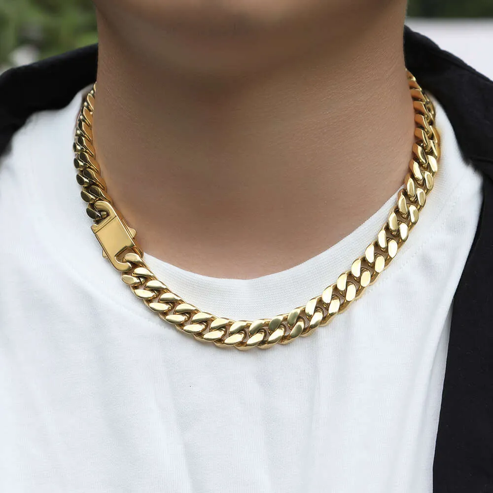 Collana con catena a maglie cubane in argento sterling dorato Hip Hop da 8-12 mm di larghezza per uomo, fibbia a molla liscia_voghion.com