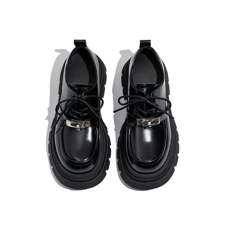 Mocasini de damă cu platformă, din piele neagră, mici, cu talpă groasă, model francez, 23 de modele noi de toamnă, Mary Jane_voghion.com