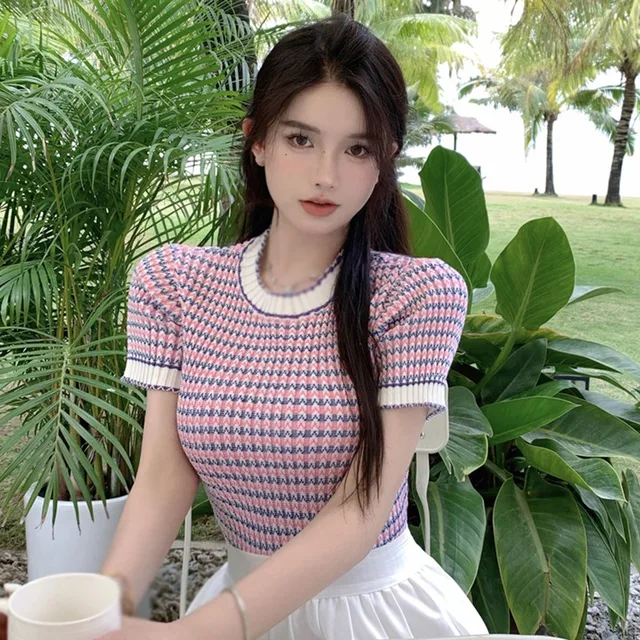 Heißer verkauf Frauen O neck mädchen stil schlank stricken kurzarm T-shirt top_voghion.com