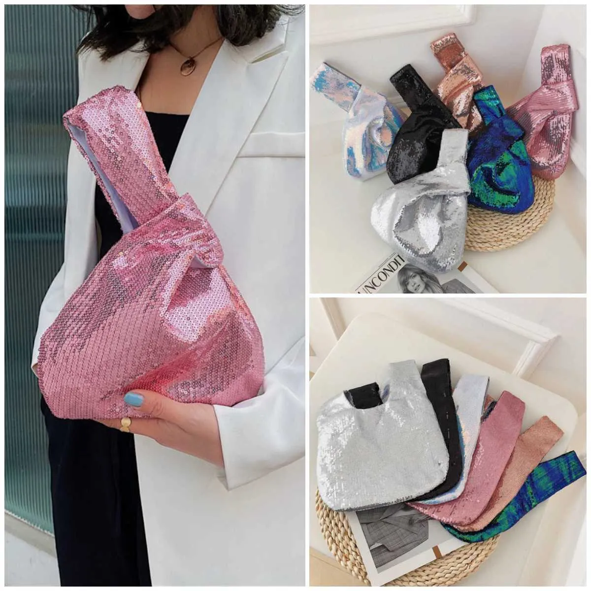 Portafoglio da donna alla moda con glitter scintillanti e chiusura a scatto, piccolo flash da polso con nodo, tasca, borsa firmata 2023 Y241106_voghion.com