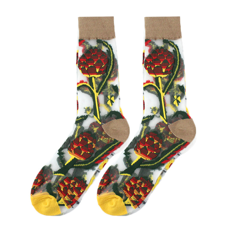 23 Spring/Summer Women's Thin Style Medium Tube Fashion Trendy Wind Flower Dorsen Series Glass Silk Socks_voghion.com