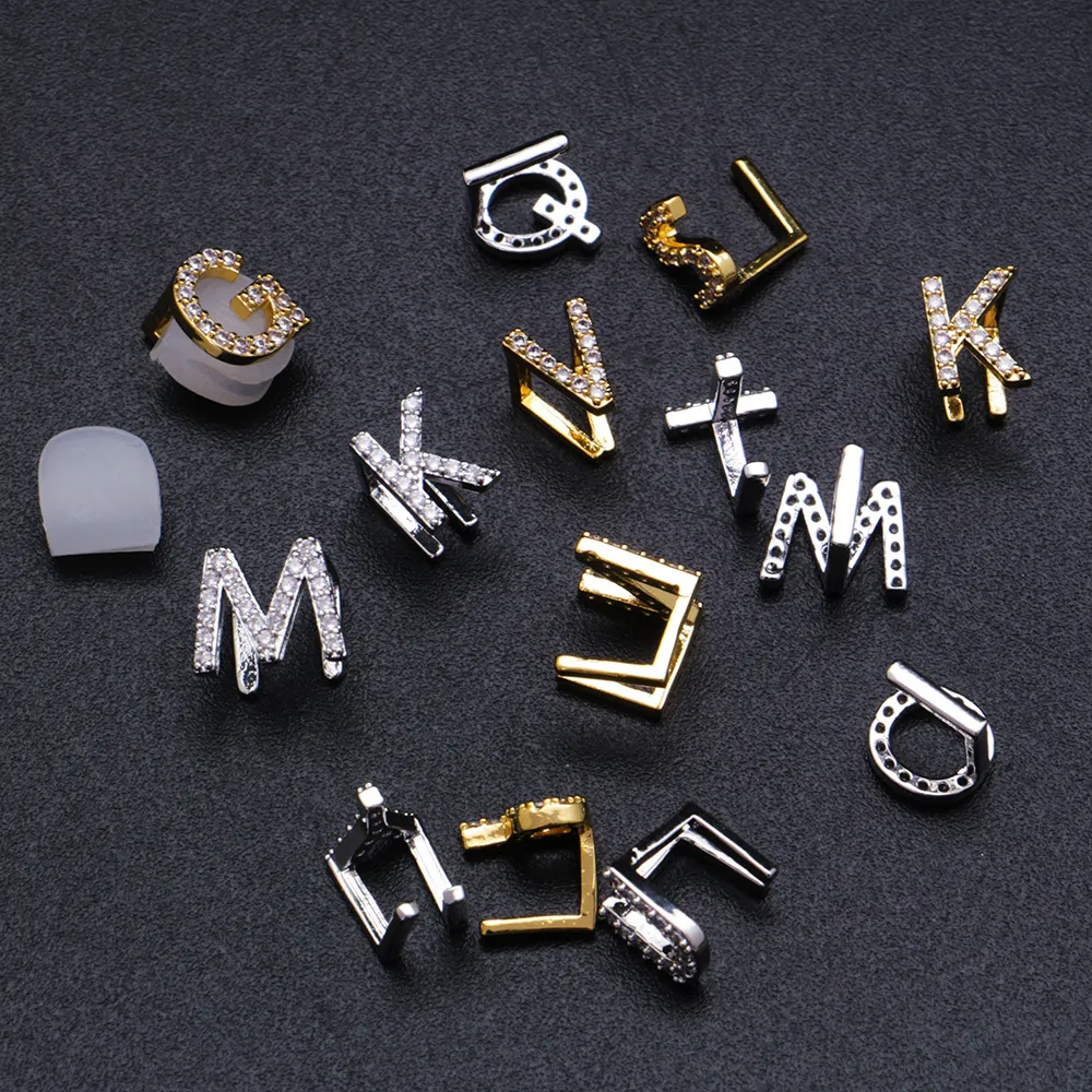 & Oro bianco ghiacciato A-Z Lettera personalizzata Grillz Full Dia fai da te Fang Grills Dente inferiore Cap Hip Hop Dentale Bocca Denti_voghion.com