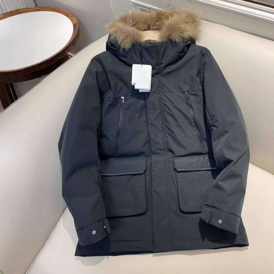 ​​Herren-Winter-Pufferjacke mit Kapuze – 600FP Gänsedaunenmantel, abnehmbarer Pelzbesatz, übergroßer Streetwear-Parka (Schwarz/Grün/Orange)​​_voghion.com