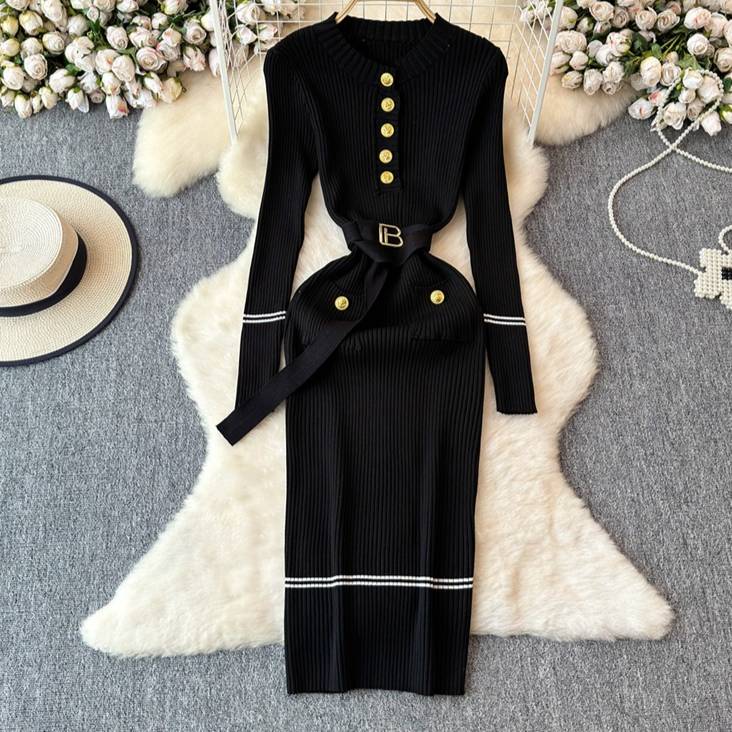 Vestido de punto grueso de cuello redondo de alta calidad para mujer con cinturón, falda ajustada con dobladillo cruzado en la cadera