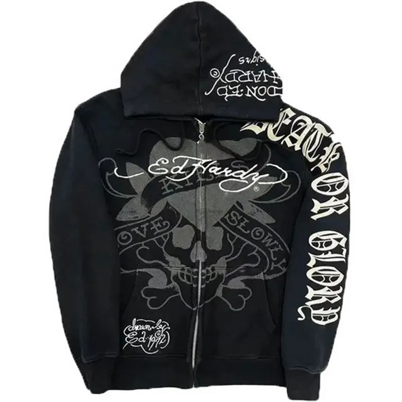 Felpa con zip gothic skull ricamata oversized stile harajuku_voghion.com