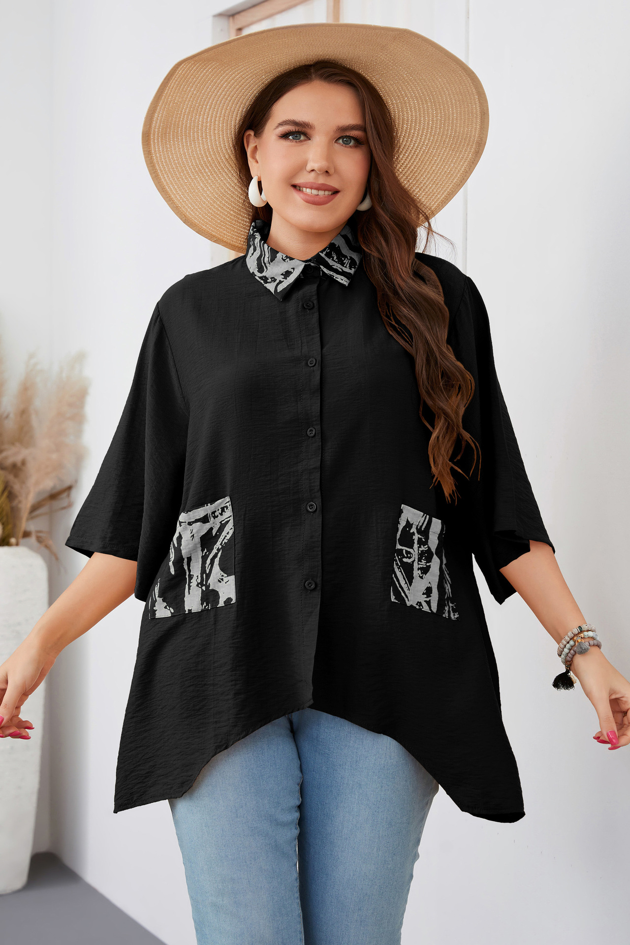 Women's loose irregular large size shirt fat girl fashion tops_voghion.com