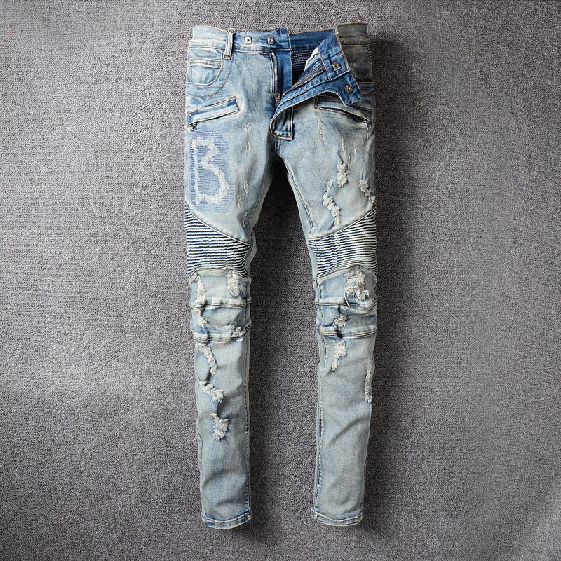 Mens Jeans For Guys Rip Slim Fit Skinny Man Pants Orange Star Patches Wearing Biker Denim Cult Stretch Motorcycle Trendy_mkmklike.com