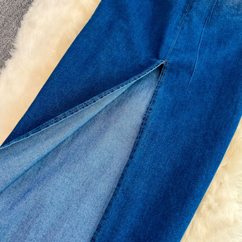 Women's color-changing tube top waist slimming mid-length back slit denim hip-hing dress_voghion.com