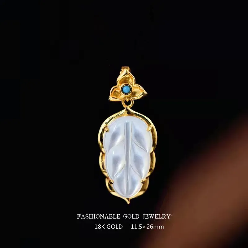 RUIYI Echter weißer Perlmutterfalter-Anhänger, reines AU750-Gold, Zweig-Jadeblatt-Halskette für Damen, exquisiter Schmuck, Geschenk 240618_voghion.com