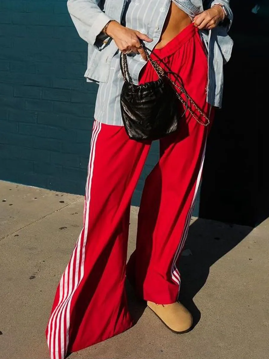 Women's Pants Women Y2k Wide Leg Track Baggy Striped Joggers Sweatpants Elastic Waist Color Block Parachute With Pockets_voghion.com