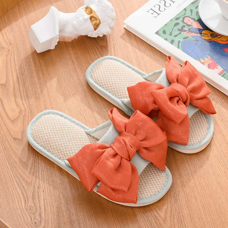 2024 Yeni Moda İpek Fiyonklu Pamuklu Terlik Kadın İç Mekan Ev ve Dış Mekan Sandalet Turuncu_voghion.com