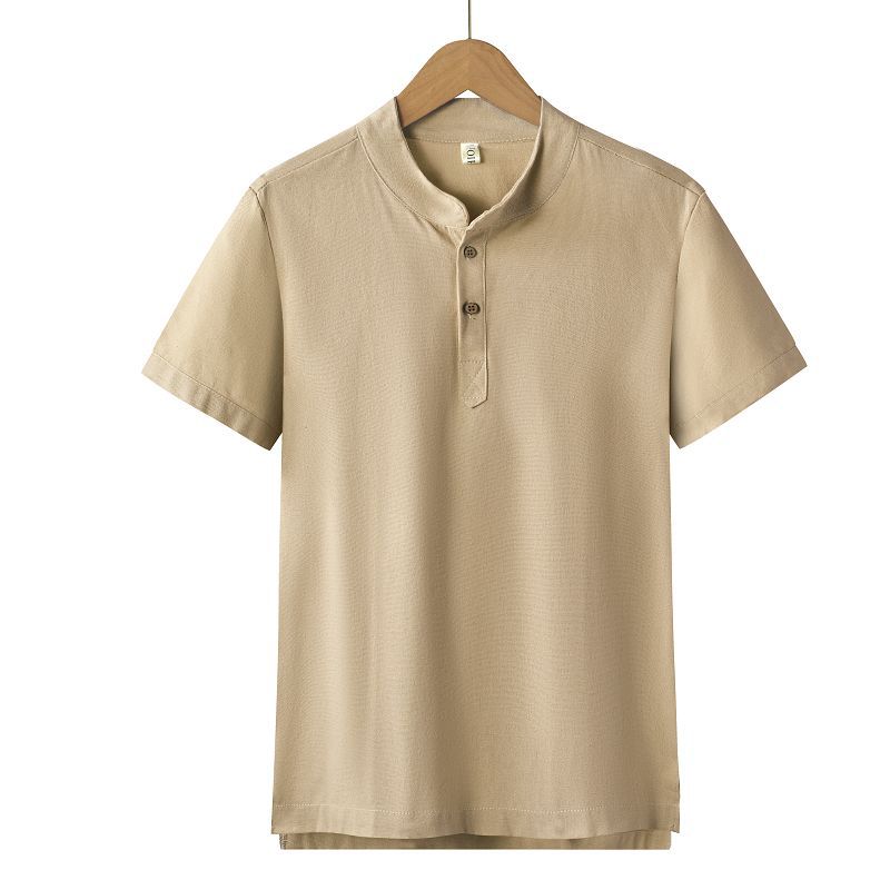 Men's Clothing  shirt solid color men's foreign trade men's summer men's cotton and linen casual shirt half placket stand collar new_voghion.com