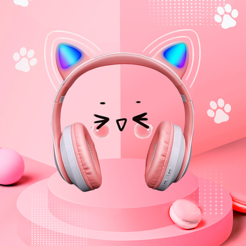 Cuffie wireless con orecchie di gatto rosa carine, cuffie stereo pieghevoli compatibili con Bluetooth, con microfono, regalo per bambini e bambine_voghion.com