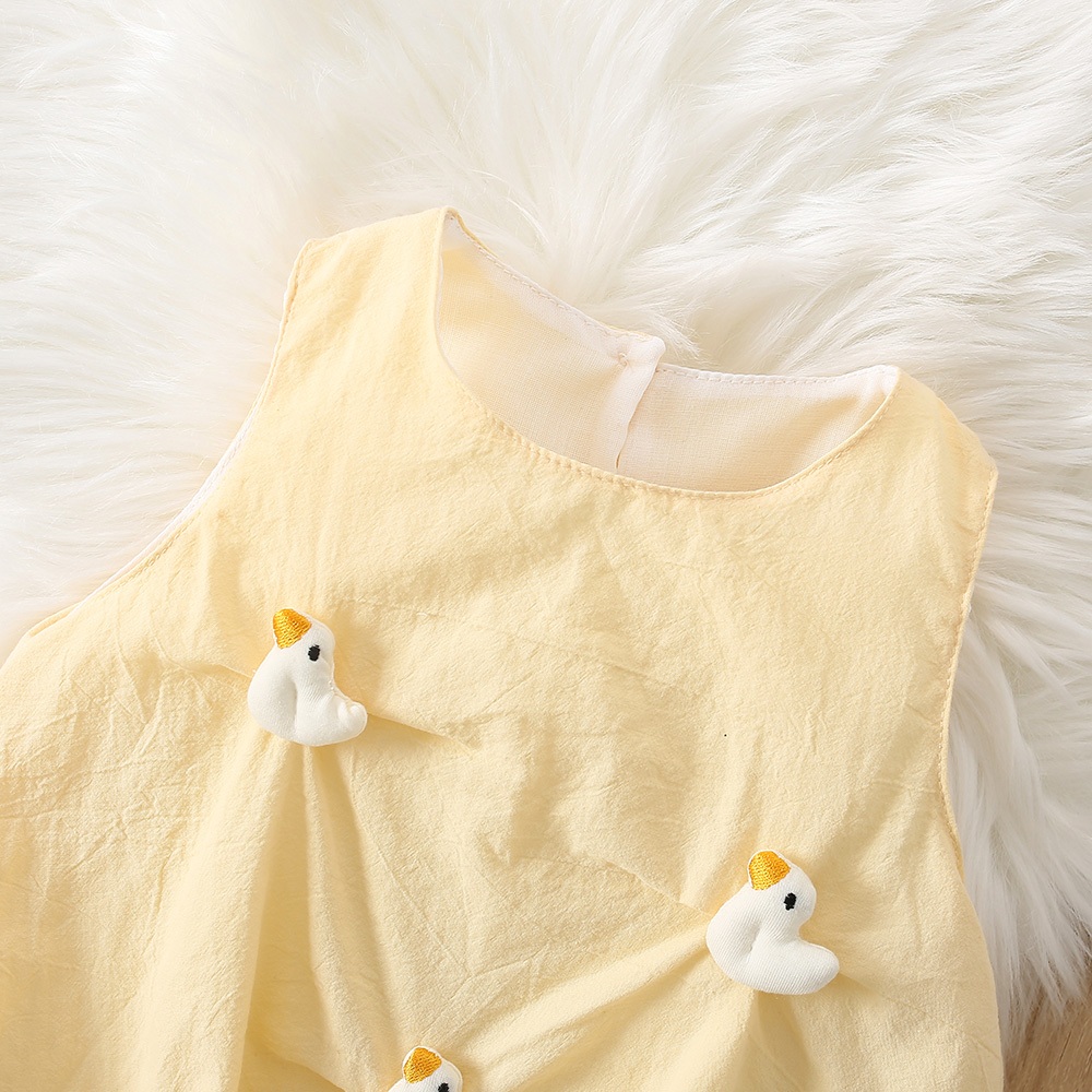 Vestido de verano transpirable para niña, sin mangas, de color liso, con un bonito patito de juguete decorativo._voghion.com