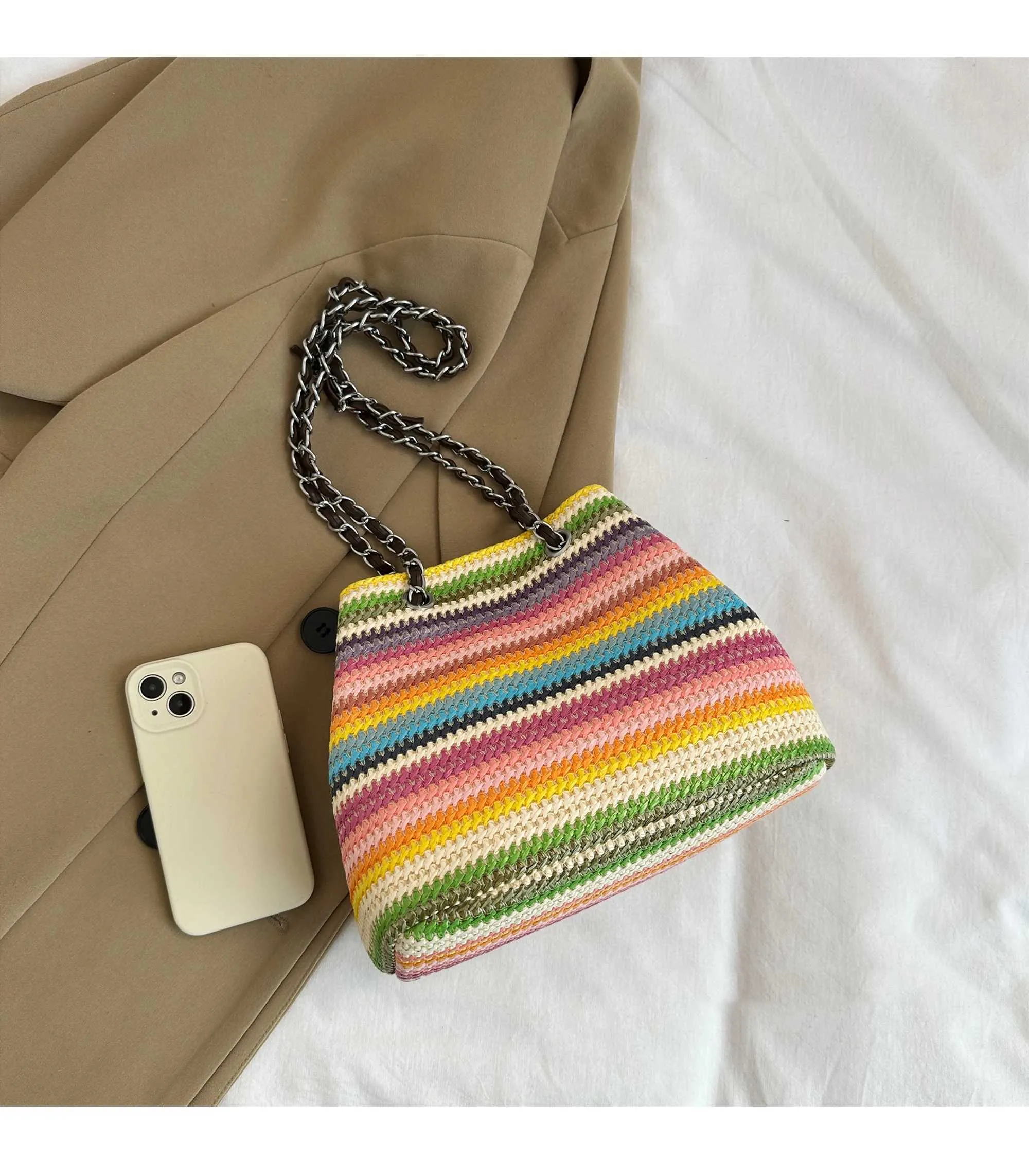 Borsa a secchiello color arcobaleno da donna, con catena a strisce a contrasto, borsa a tracolla, grande capacità, casual, intrecciata da donna_voghion.com