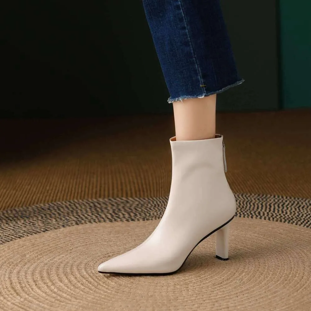 Cow Leather Pointed Toe High Heels Zipper Modern Warm Winter Shoes Concise Fashion Solid Elegant Ankle Boots_voghion.com
