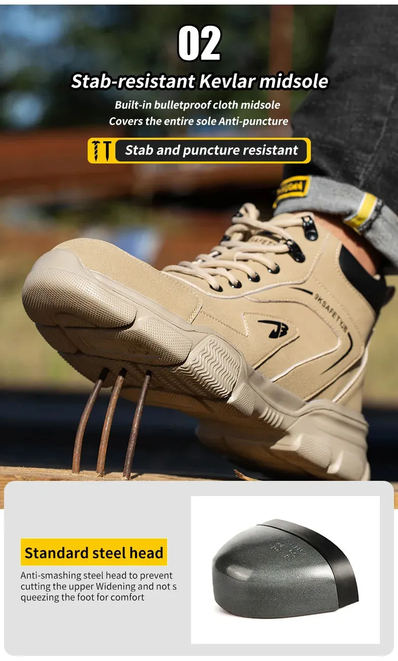 Bottes de sécurité en cuir noir pour homme, chaussures de travail imperméables et résistantes à la pression des clous, bout en acier inoxydable_voghion.com