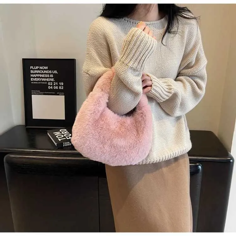 Portafoglio da donna con manico corto Fi Cluh carino Wen Fur Small Half Mo caldo peluche borsa da polso Y241106_voghion.com