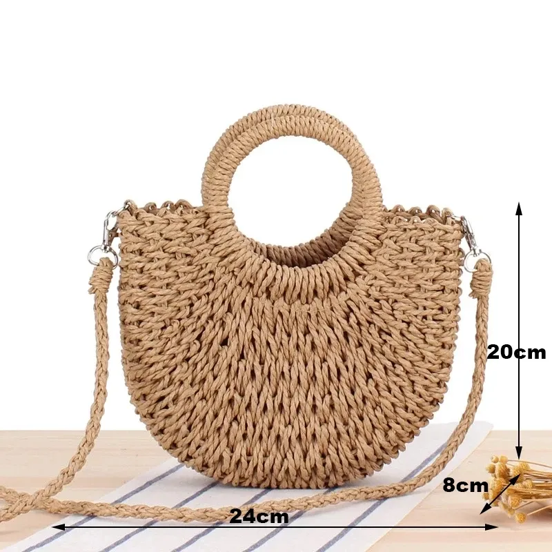 Sommer-Handgefertigte Taschen für Frauen, Weben, Damen, Strohumwickelte Strandtasche, Mondförmige Handtaschen mit Griff oben_voghion.com