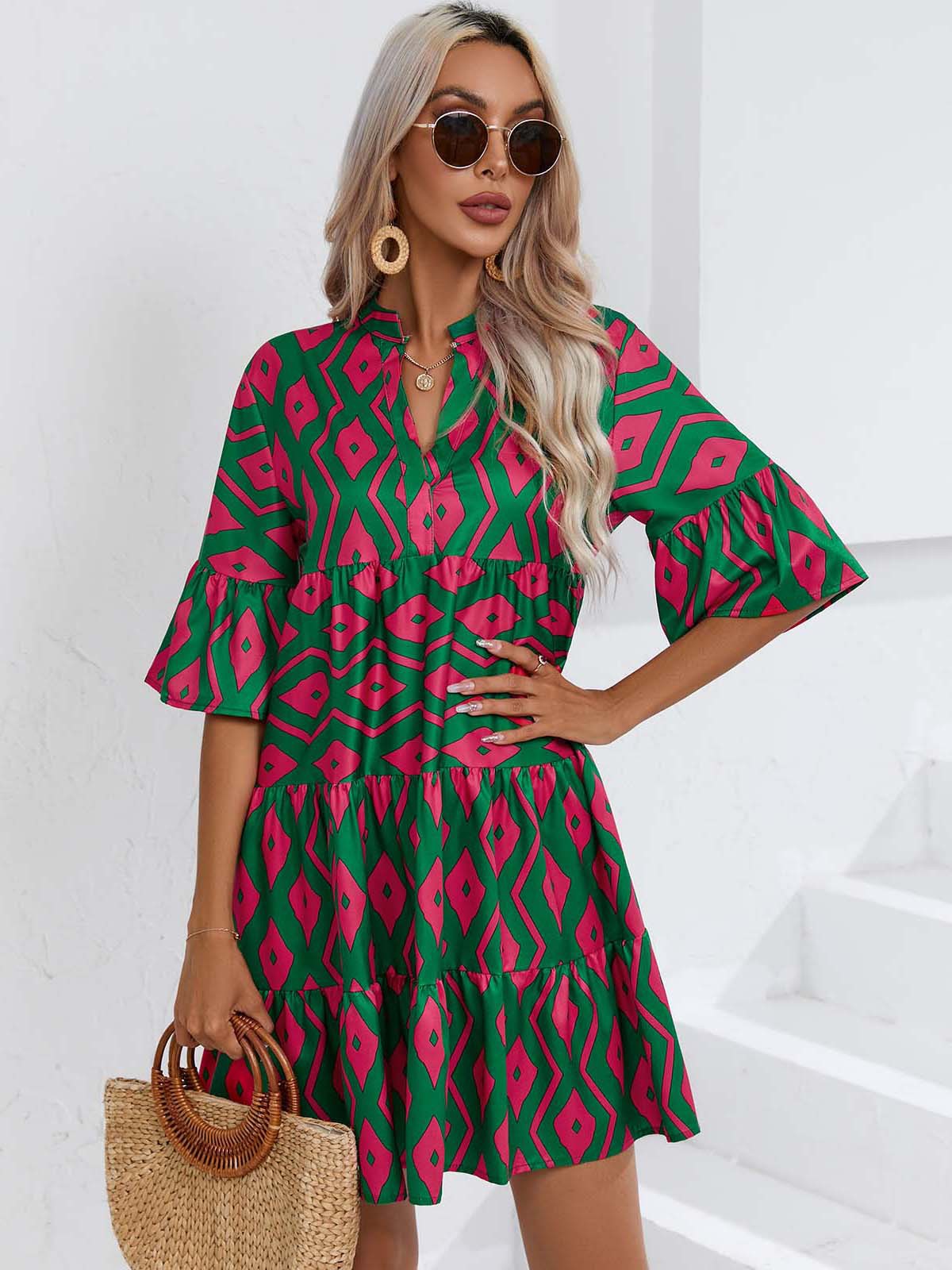 Abito da donna con gonna corta casual con scollo a V allentato estivo 2023_voghion.com