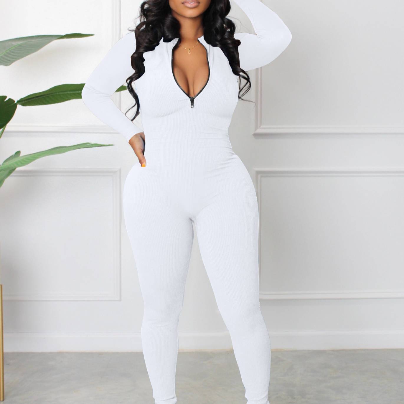 Damen Jumpsuit Elegant Mit Reißverschluss Und Hoher Taille_voghion.com