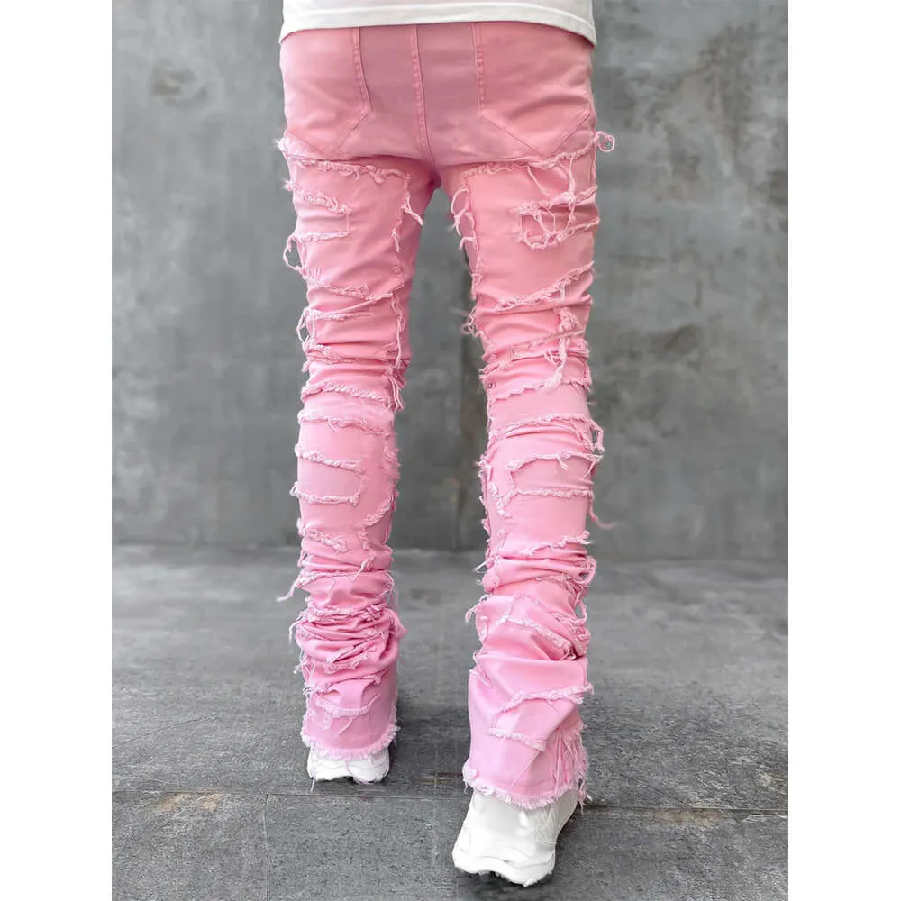 Pantalon droit en denim à patch élastique pour homme, nouvelle mode de rue_voghion.com