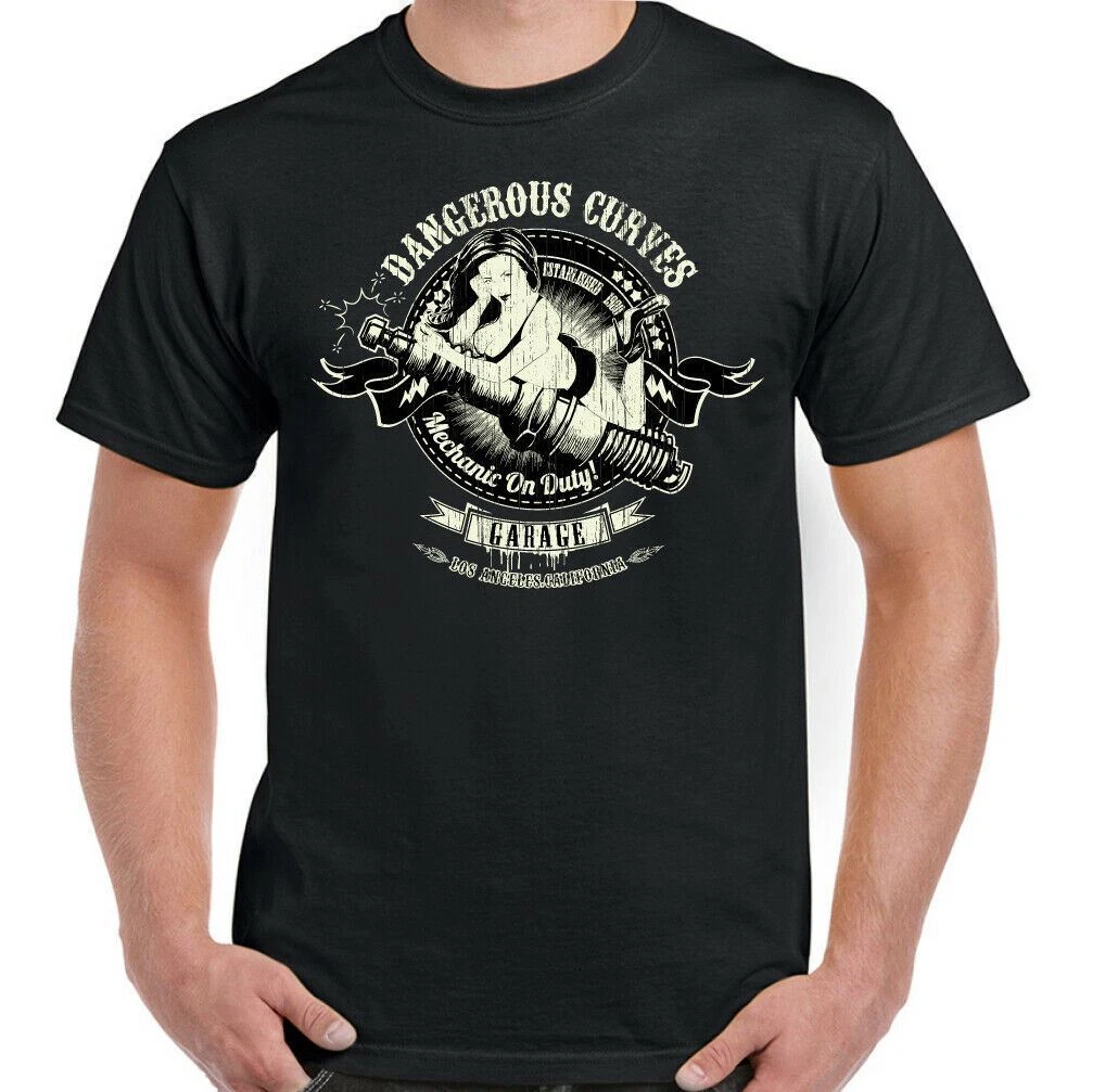 Mechanic T-shirt With Dangerous Curves Spark Plug Biker Print_voghion.com