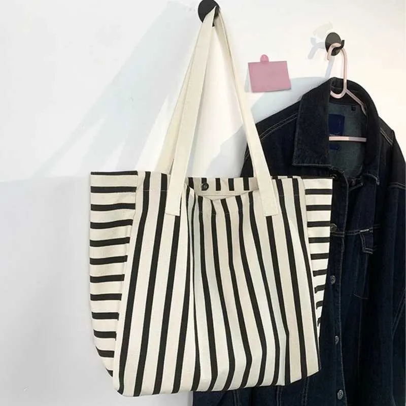 New Beach Handbag Fi Wen Canvas Summer Large Capacity Strip Shopping Bag Y241109_voghion.com