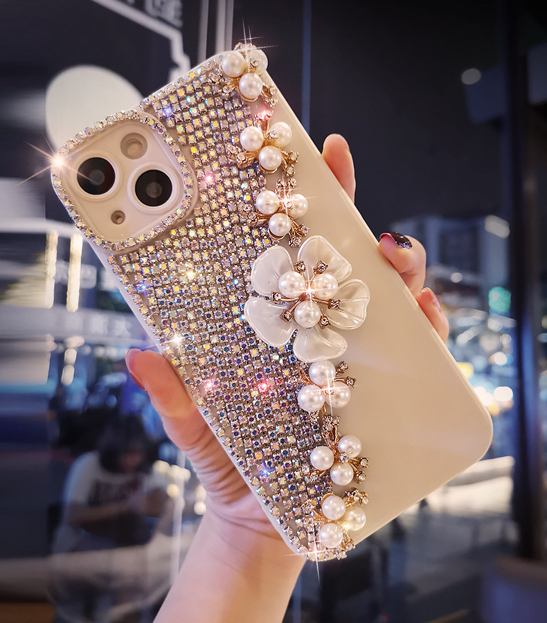 Suitable for 14/15 with diamond phone case iPhone 12/13 Pro Shell Pearl Flower Full Pack Silicone 11 Women's 8_voghion.com