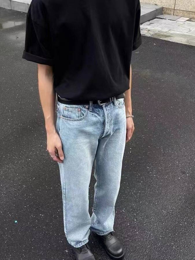 Vintage Washed Straight Jeans Herren Damen Hellblaue Distressed Denim_voghion.com