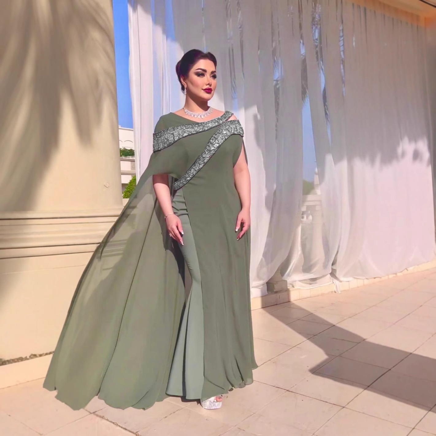 Women's Clothing Sexy Chiffon Beads Splicing Ball Evening Dress