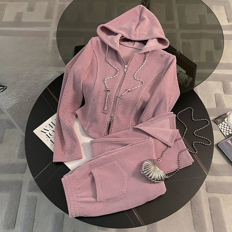 Women’s Clothing Casual Pink Sports Suit For Women Spring And Autumn New Loose Drape Split Wide Leg Pants Two Piece Suit