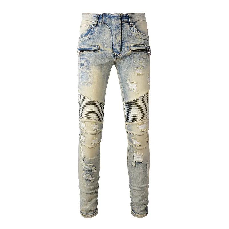 Mens Jeans For Guys Rip Slim Fit Skinny Man Pants Orange Star Patches Wearing Biker Denim Cult Stretch Motorcycle Trendy_mkmklike.com
