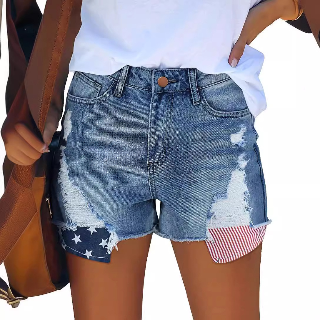 pocket stars and stripes flag ripped tassel jeans short_voghion.com