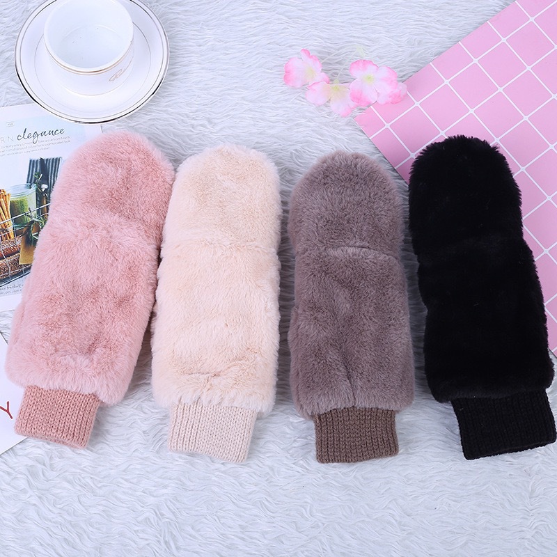Guantes de felpa gruesos y lindos con solapa y puños abrigados para mujer, versión coreana, para invierno, de medio dedo