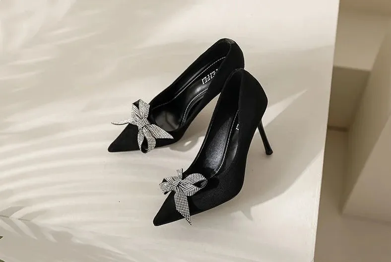 Scarpe da donna con tacco alto, estive, stiletto, per ufficio, nere, con punta a punta e fiocco, con tacco alla moda_voghion.com