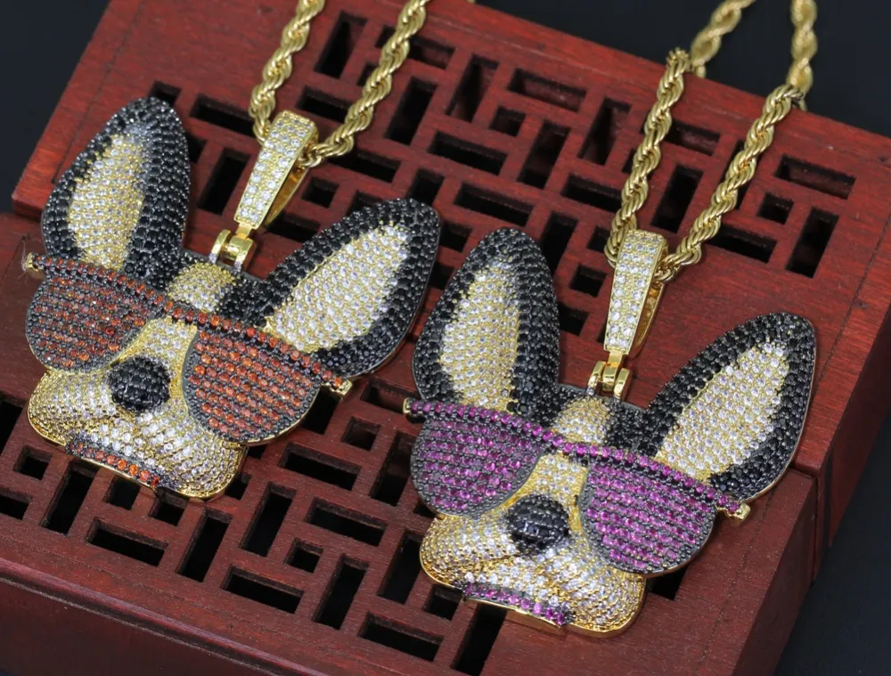 Colgante de latón con circonita cúbica grande y diseño de perro ingenioso con gafas, collar de estilo hip hop helado para hombres y mujeres, joyería de fiesta, regalo CN1371_voghion.com