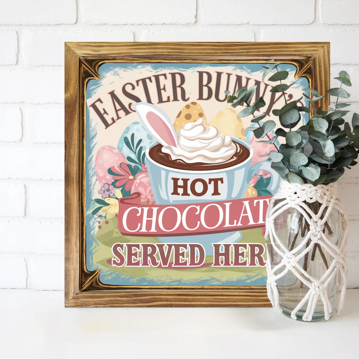 Rustic Easter Bunny Hot Chocolate Sign - 8x8" Farmhouse Wall Art. Perfect For Kitchen, Bedroom Or As A Charming Housewarming Gift._voghion.com