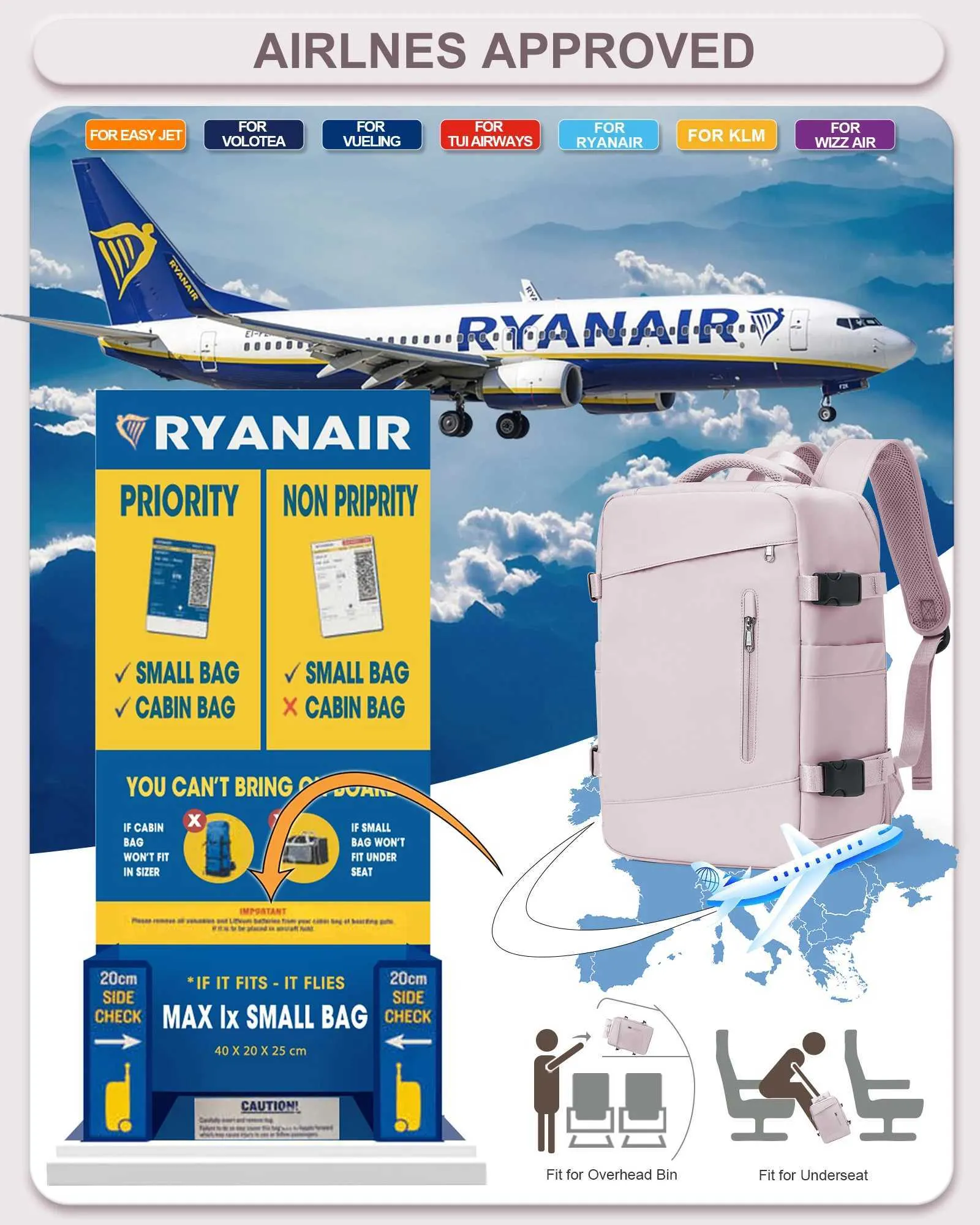 Womens Suitcase Cabin Aircraft Ryanair 40x20x25 Airplane Travel Bag Men Laotop Backpack Wizzair Carry OnC241031_voghion.com