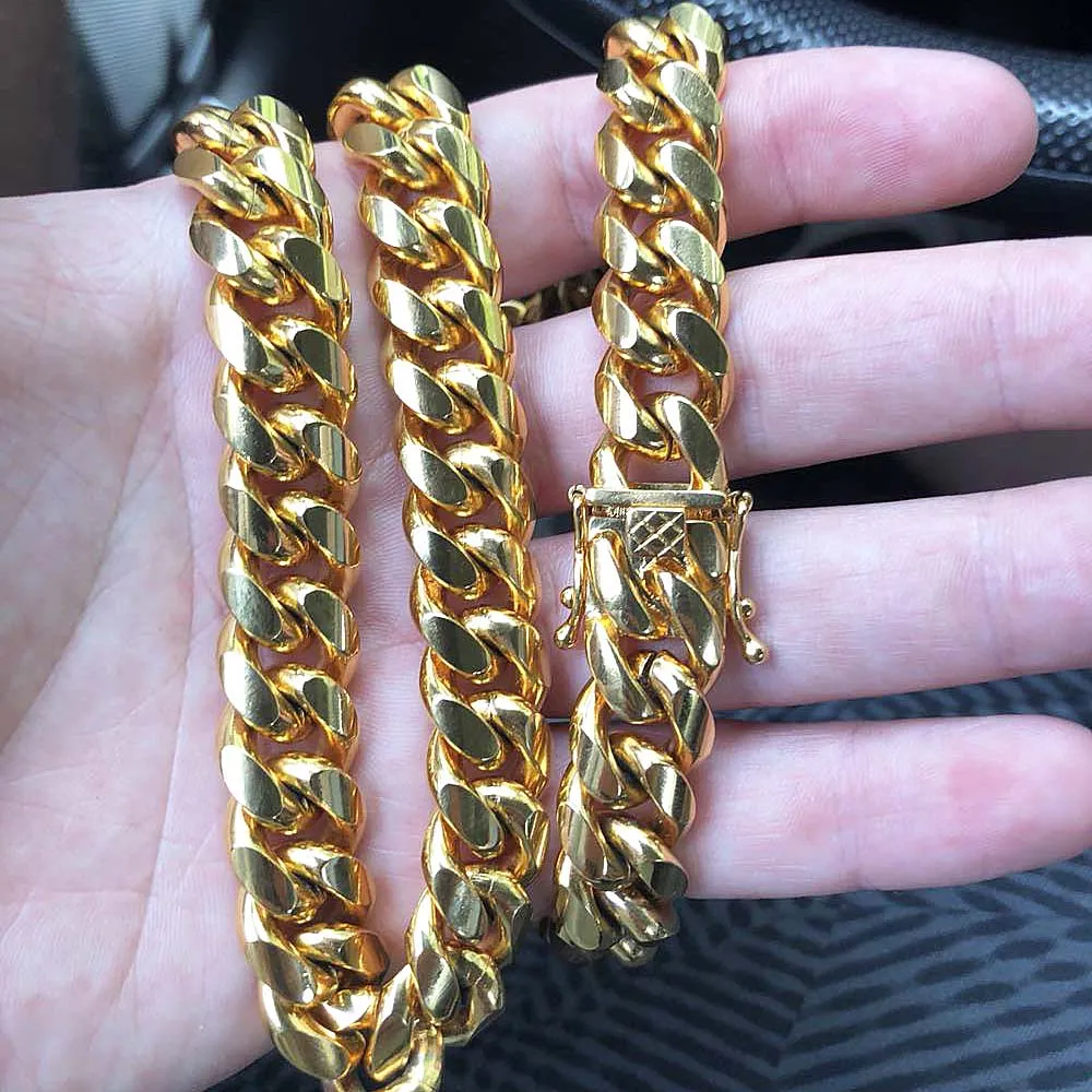 Gold Miami Cuban Link Chain Necklace For Men In Stainless Steel_voghion.com