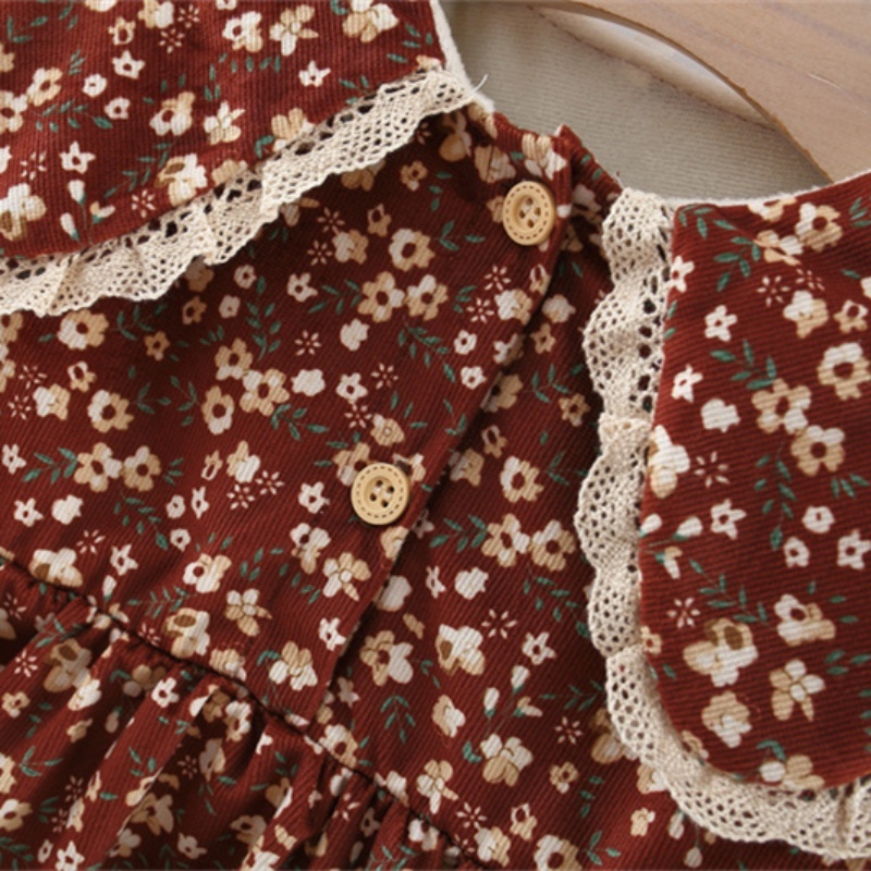 Abito floreale autunnale con maniche lunghe per bambina in pizzo stile coreano_voghion.com
