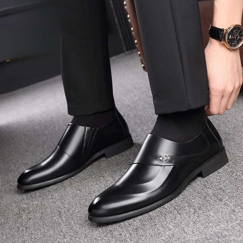Spring And Autumn Leather Formal Men's Business Casual Slip-on Cowhide Hundred Wedding Shoes_voghion.com