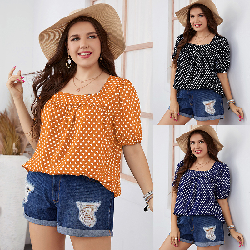 Women's chiffon short woven round neck plaid temperament commuting pullover polka dot large size women's shirt_voghion.com