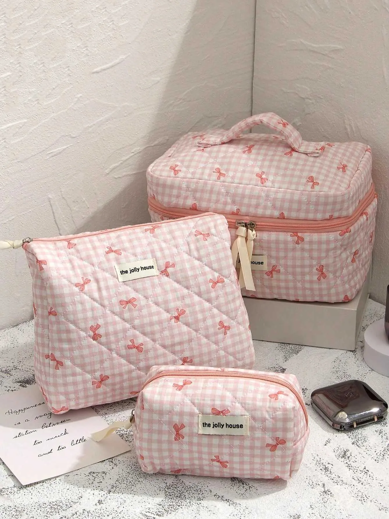 1 Set süßer Schleifen-Organizer, multifunktionale Geldbörse, tragbare Aufbewahrungstasche für Pinsel, Reise-Make-up-Tasche für die Hautpflege, Y241023_voghion.com